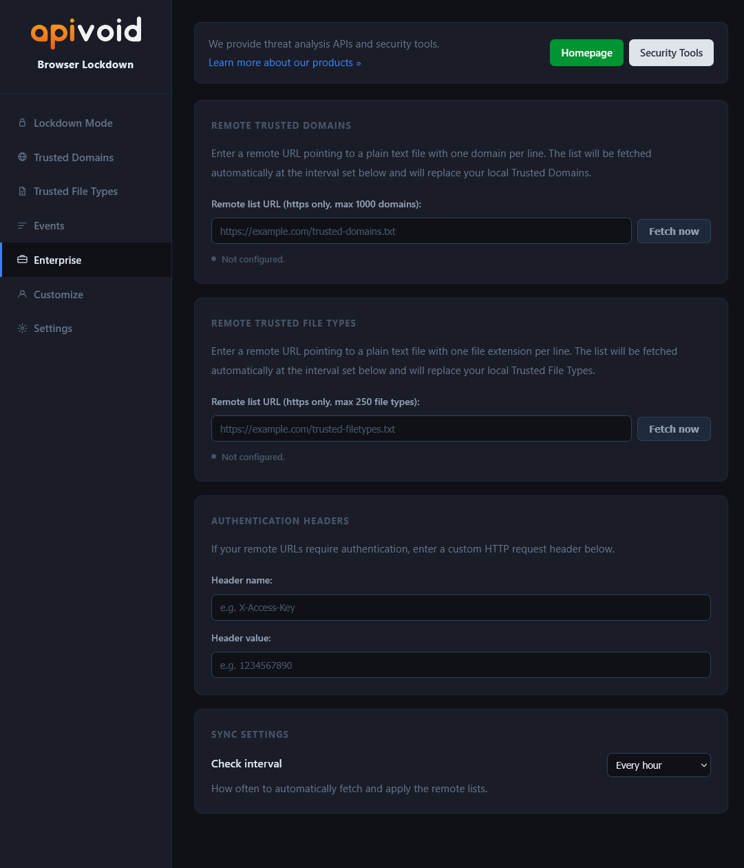 APIVoid Browser Lockdown enterprise remote list sync settings
