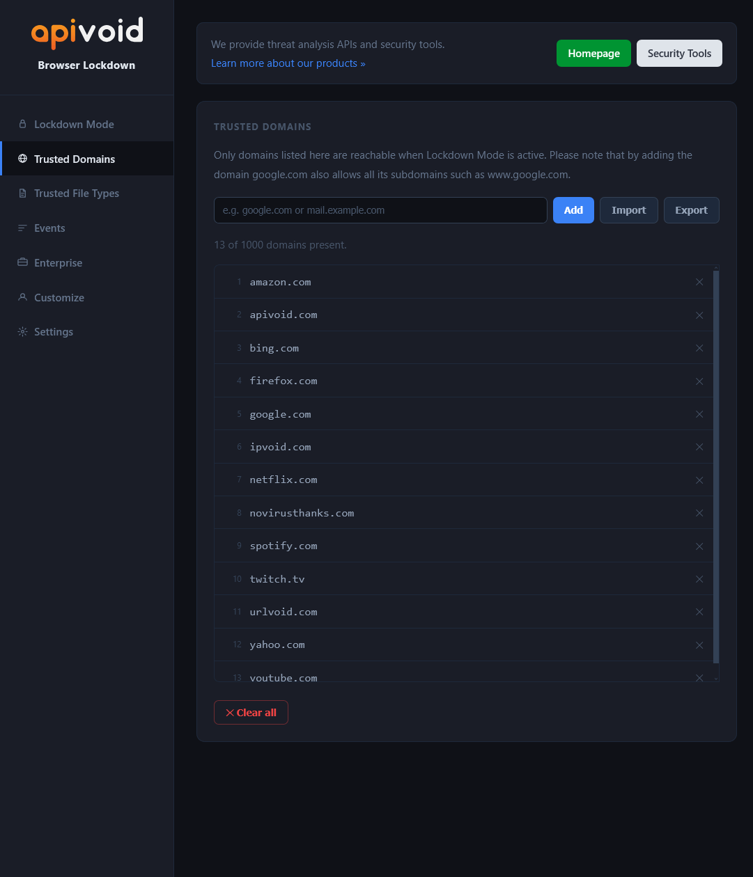 APIVoid Browser Lockdown settings page showing the trusted domains list