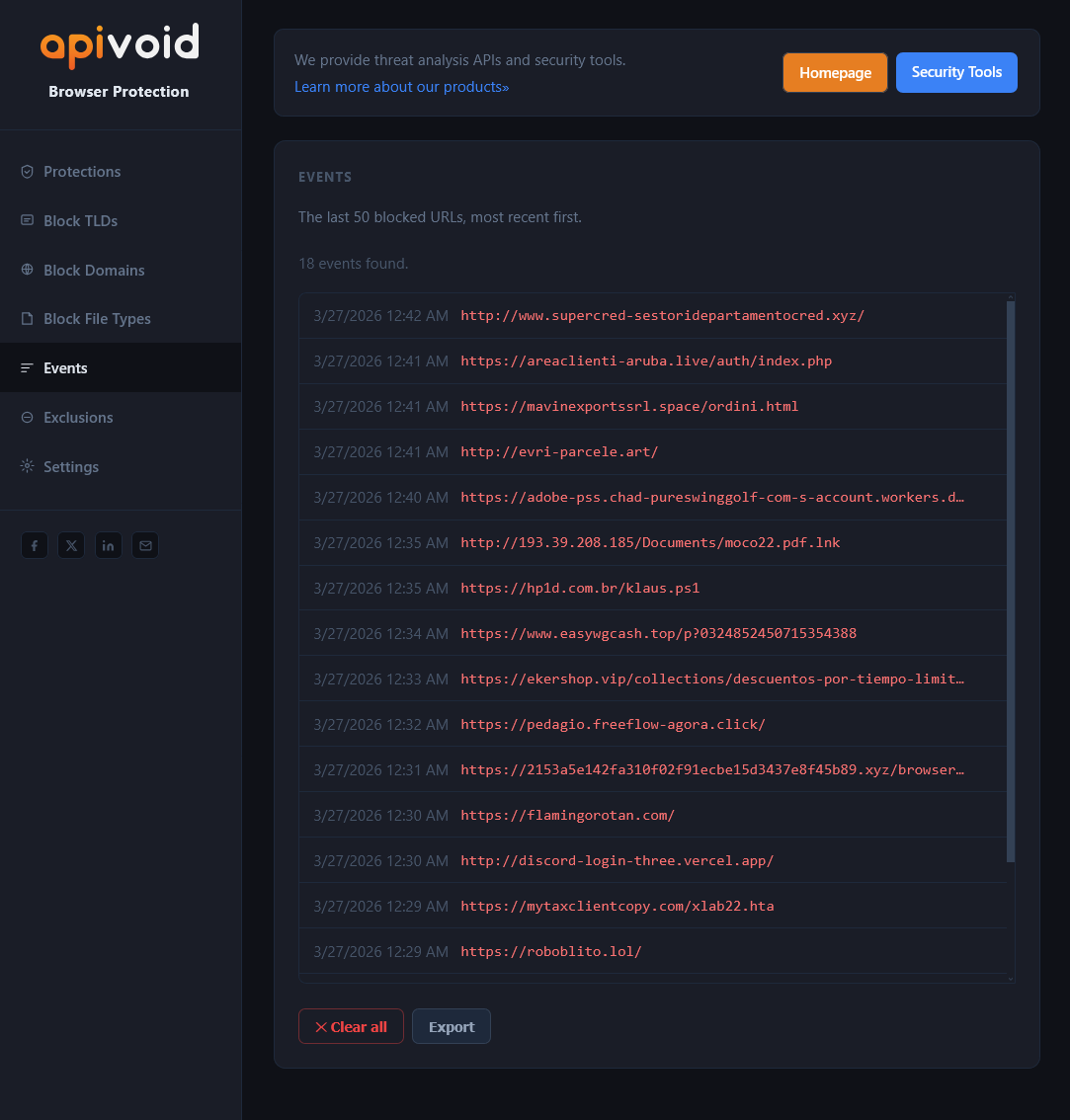 APIVoid Browser Protection extension features including custom block lists, exclusions, and event tracking
