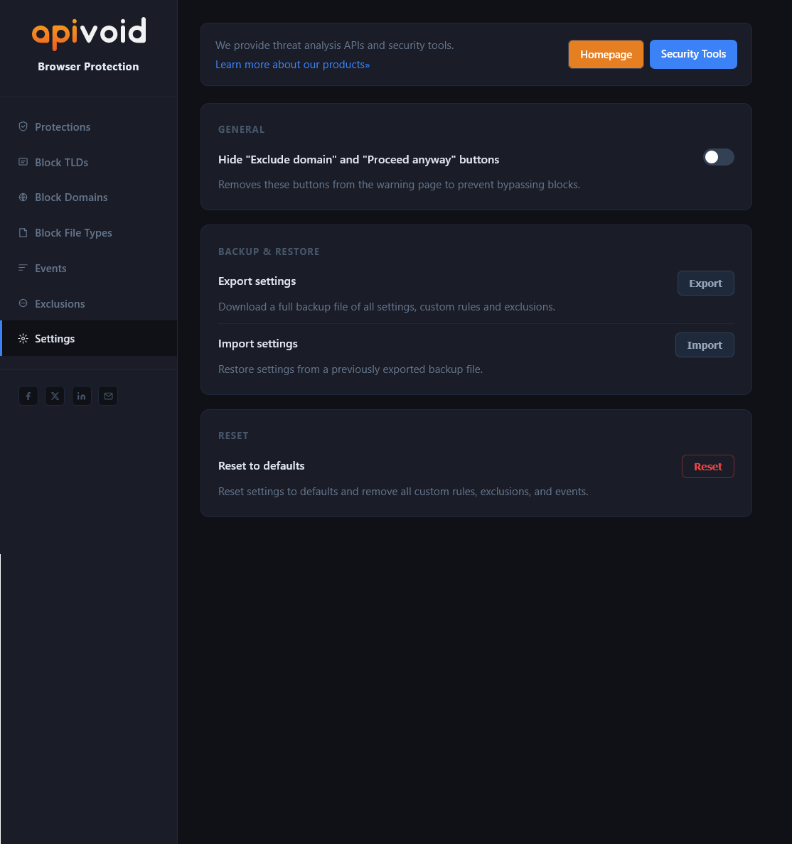 APIVoid Browser Protection settings panel