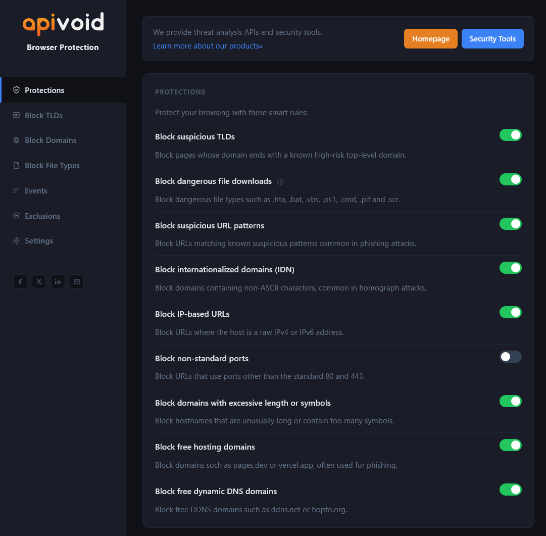 APIVoid Browser Protection browser extension settings and blocking rules interface