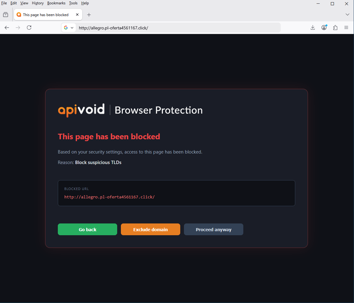 APIVoid Browser Protection warning page blocking a suspicious website