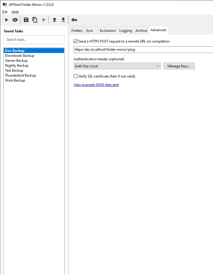 APIVoid Folder Mirror advanced tab with webhook notification option