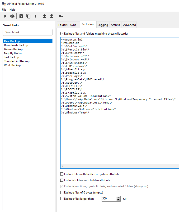 APIVoid Folder Mirror showing exclusion rules