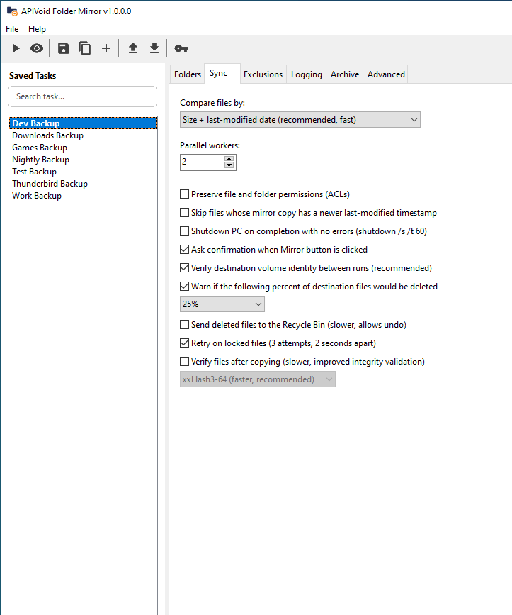 APIVoid Folder Mirror Sync tab with safety options, retry on locked files, and hash verification