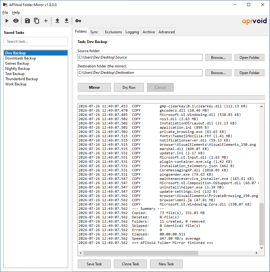 APIVoid Folder Mirror folder sync and backup software for Windows