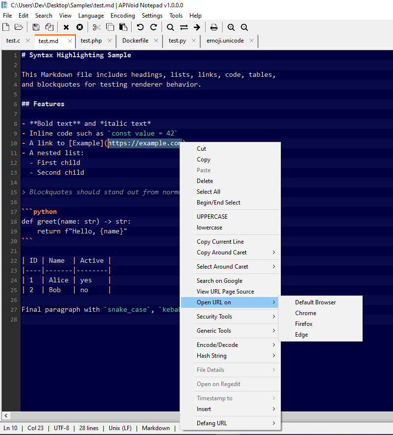 APIVoid Notepad right-click context menu showing built-in power tools
