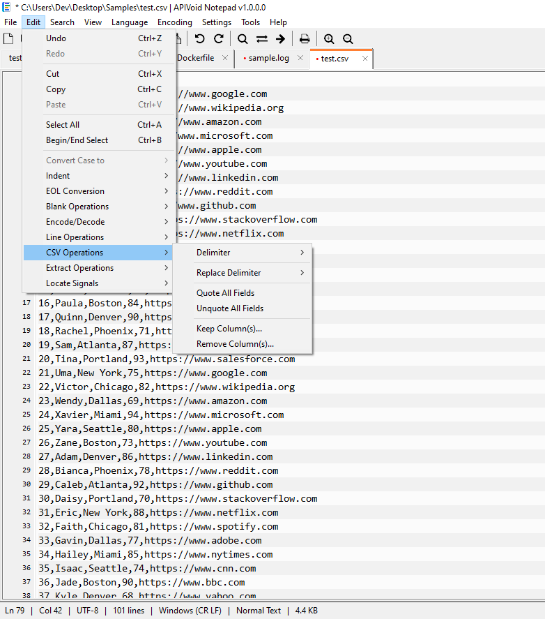 APIVoid Notepad CSV Operations submenu