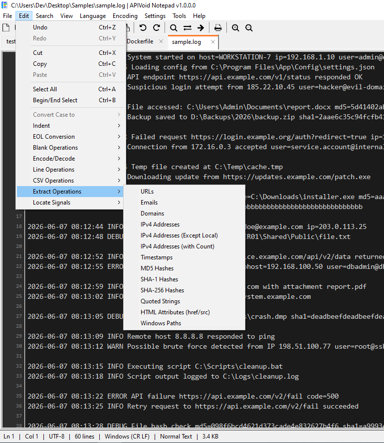APIVoid Notepad Extract Operations results window listing extracted URLs