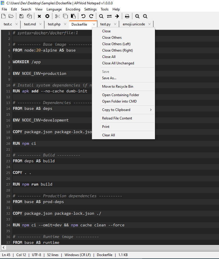 APIVoid Notepad language menu organized into categories