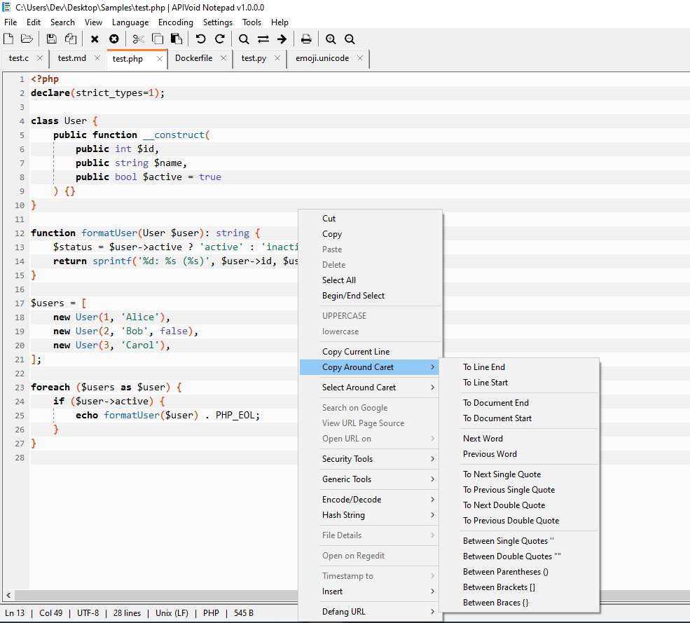 APIVoid Notepad main window showing tabbed editing with syntax highlighting