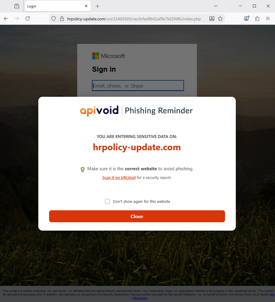 Another APIVoid Phishing Reminder alert window displayed on a phishing website