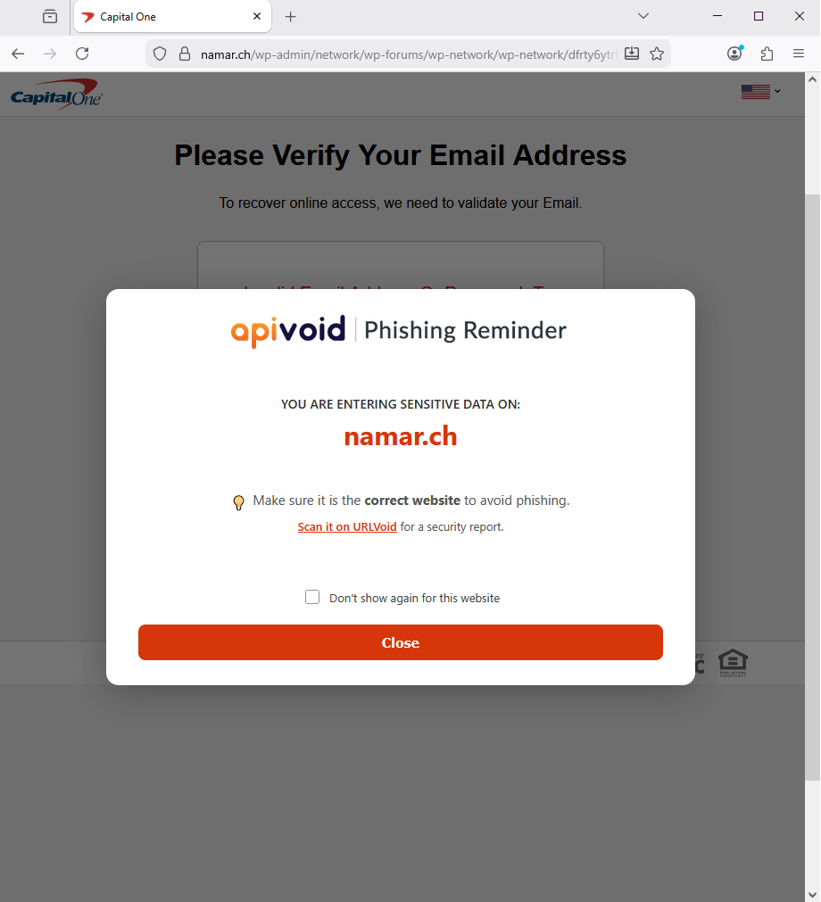 APIVoid Phishing Reminder alert window displayed on a phishing website