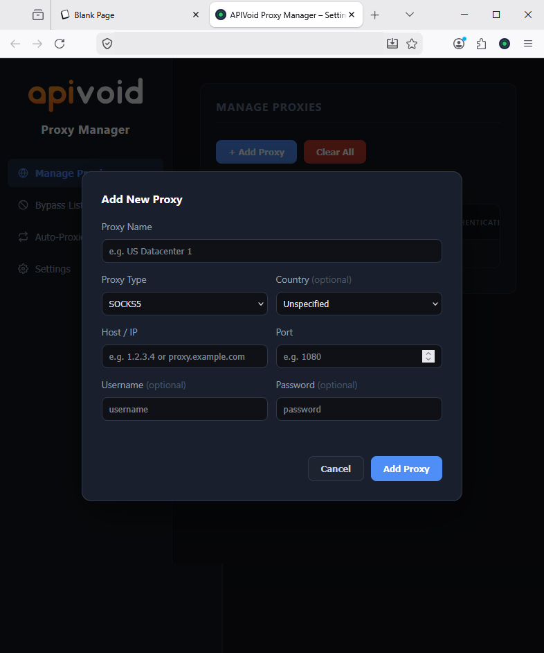 APIVoid Proxy Manager settings page showing the proxy management table