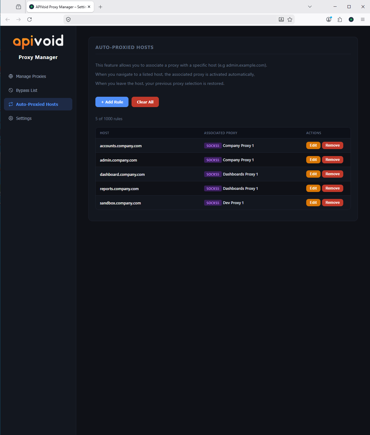 APIVoid Proxy Manager auto-proxied hosts settings page