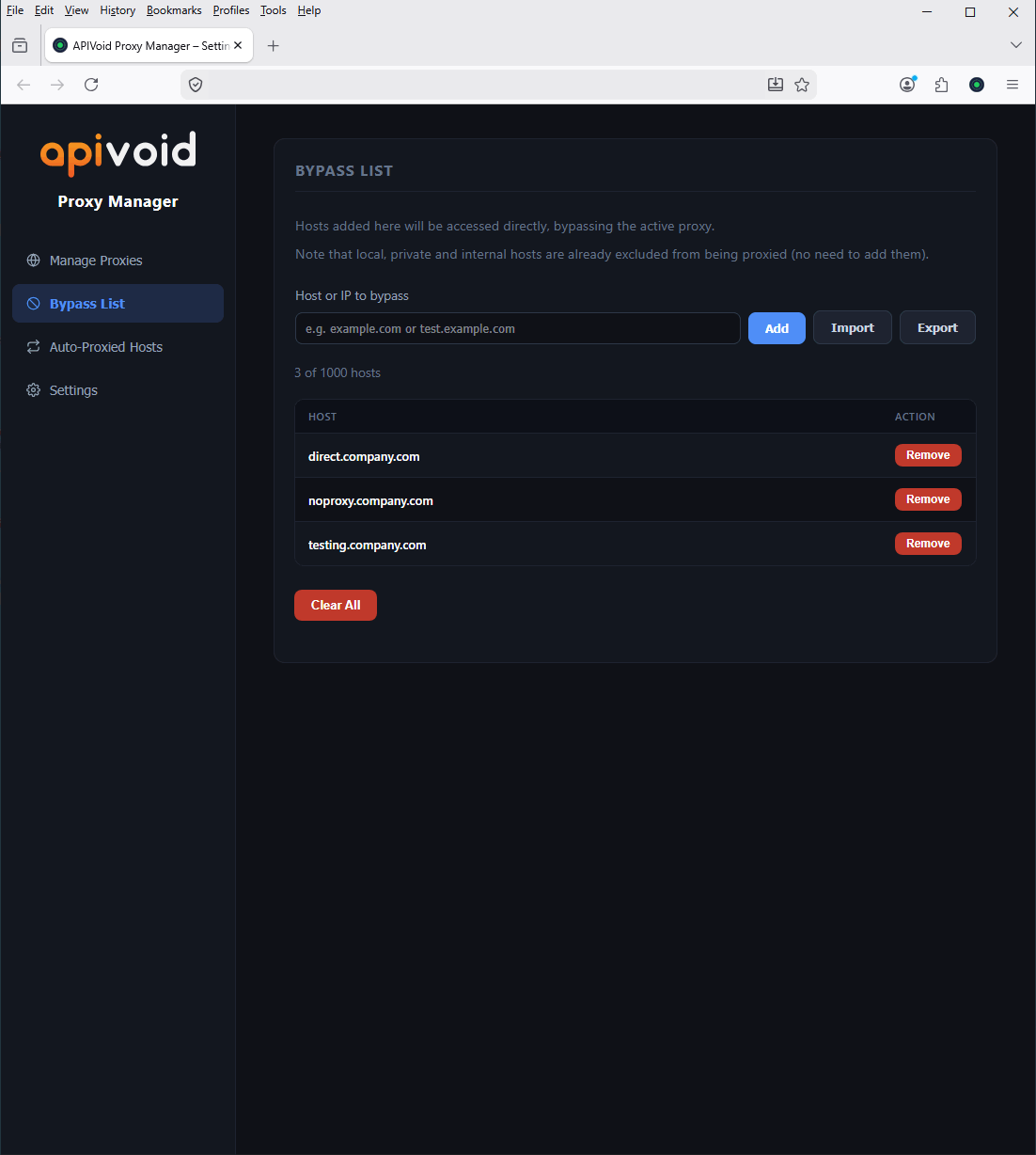 APIVoid Proxy Manager bypass list settings page