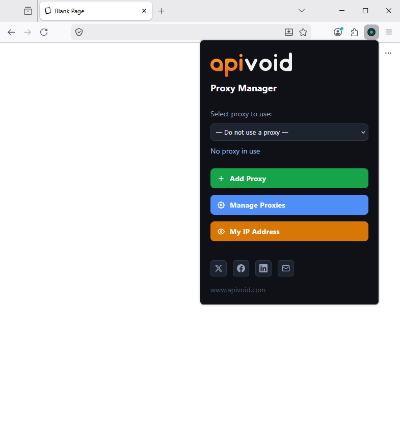 APIVoid Proxy Manager popup showing the proxy selector dropdown