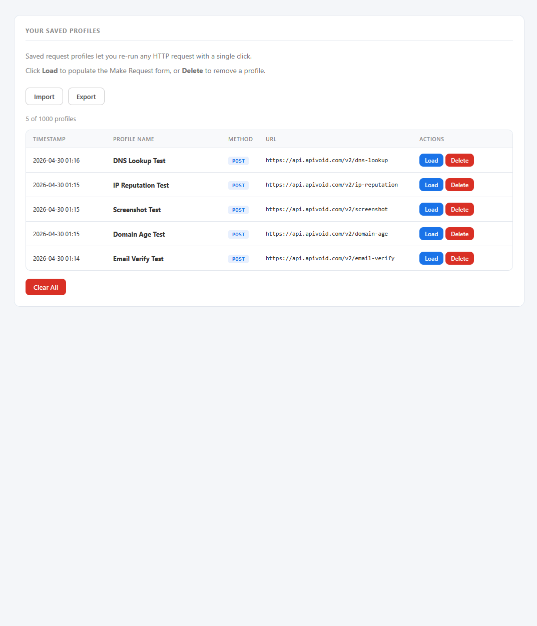 APIVoid Request Tester saved profiles page listing reusable HTTP requests