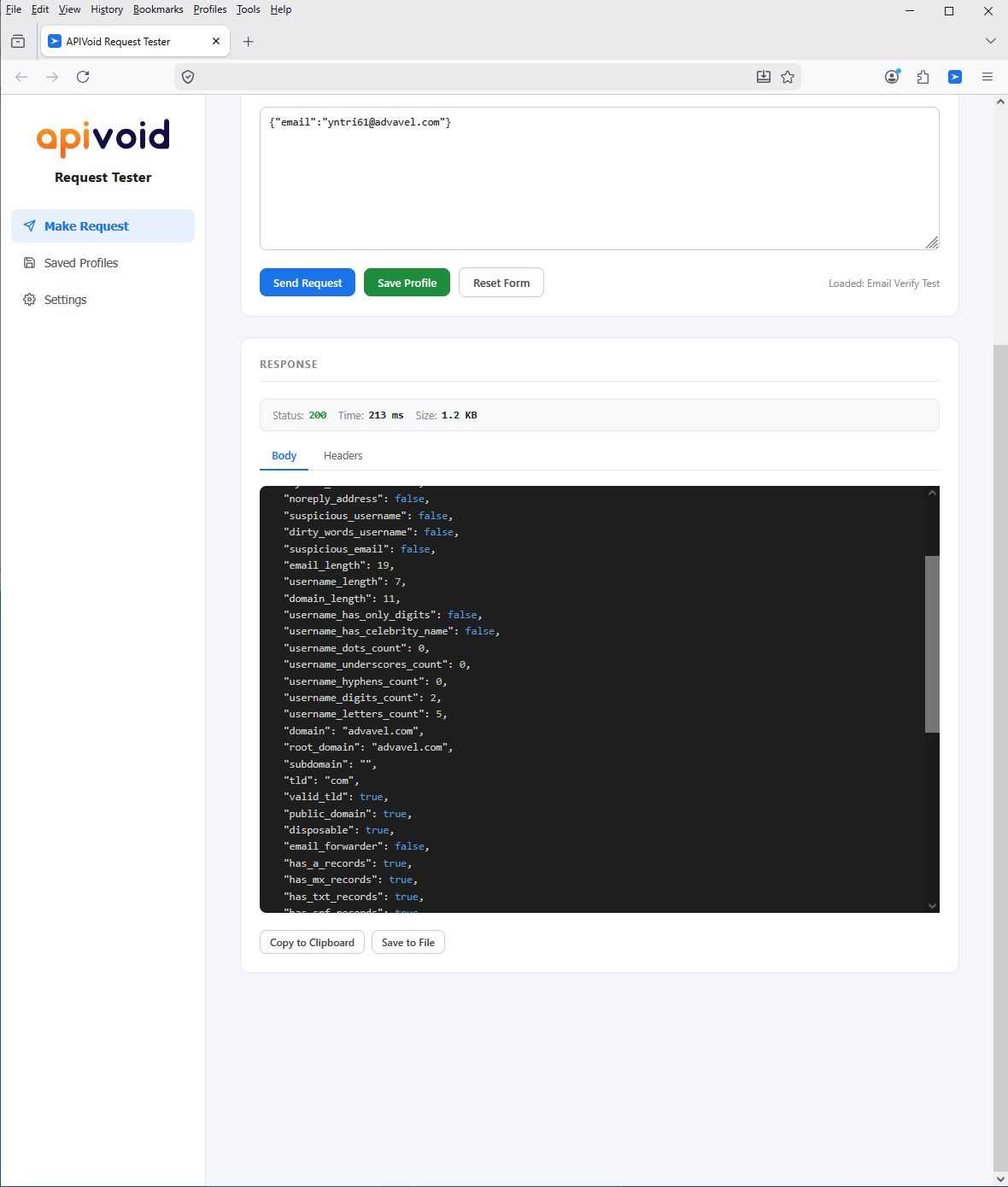 APIVoid Request Tester response viewer showing status code, JSON body, and headers
