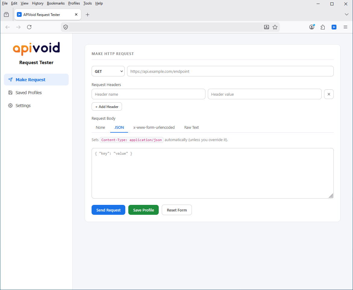 APIVoid Request Tester full page interface showing the make request form