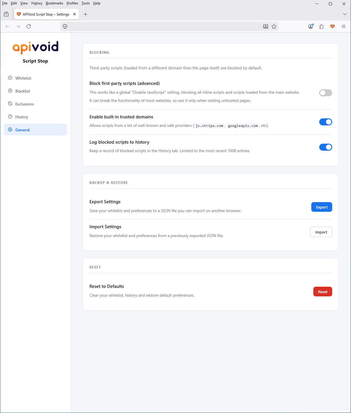 APIVoid Script Stop settings page showing general configuration options