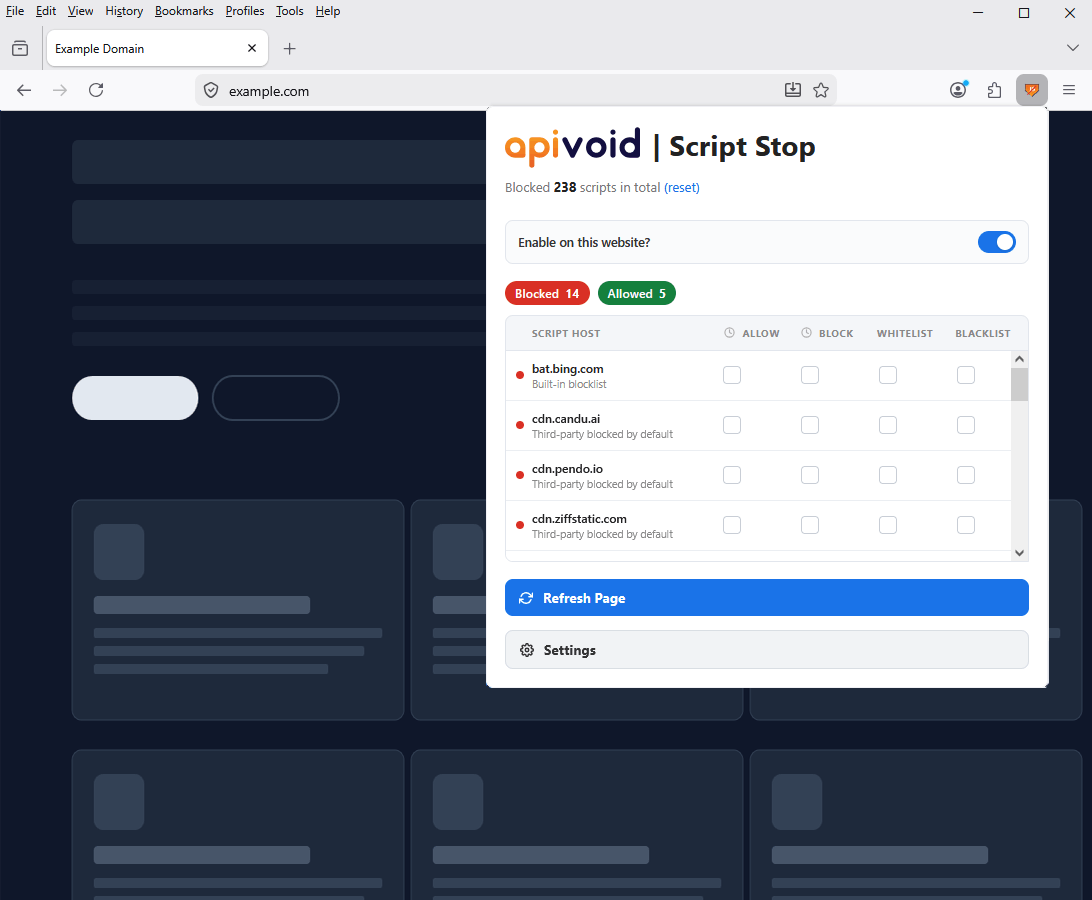 APIVoid Script Stop popup showing blocked and allowed scripts on a website