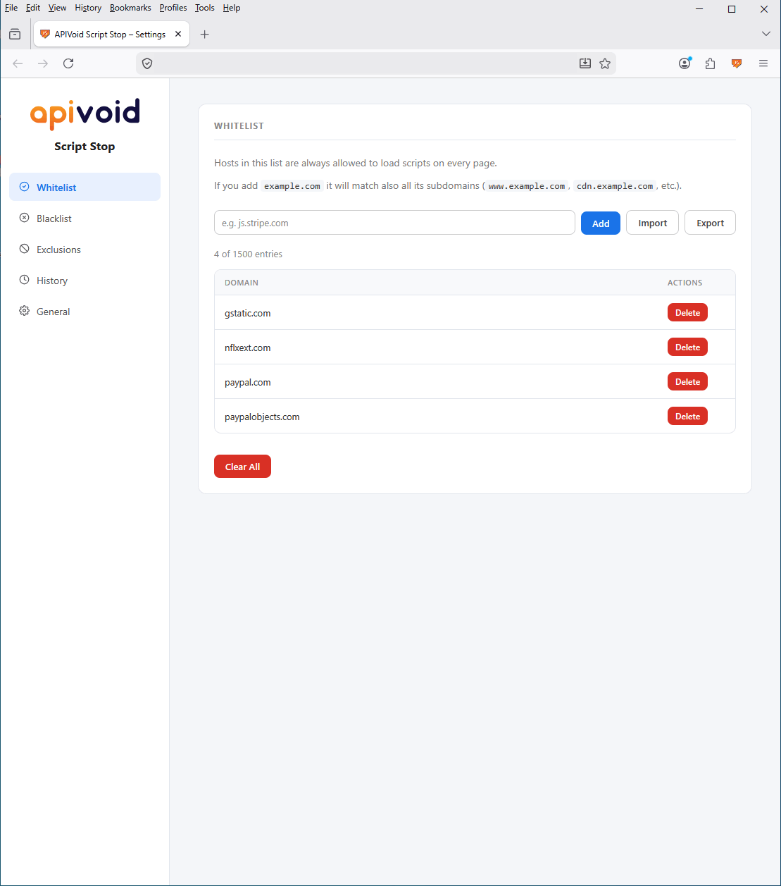 APIVoid Script Stop settings page showing the whitelist with paginated entries