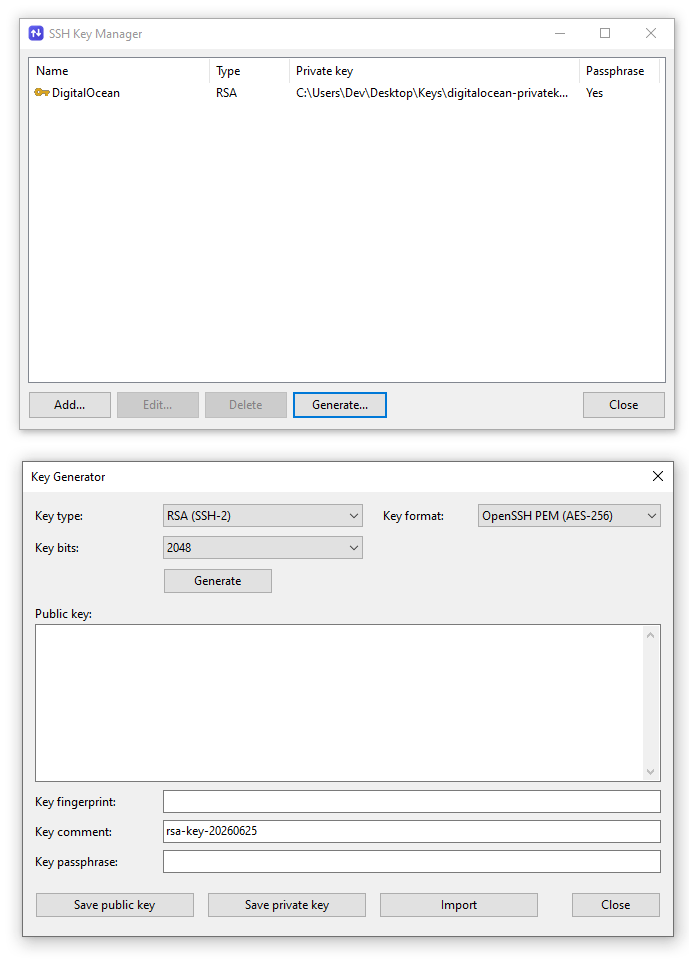 APIVoid SFTP Terminal SSH Key Manager listing managed private keys