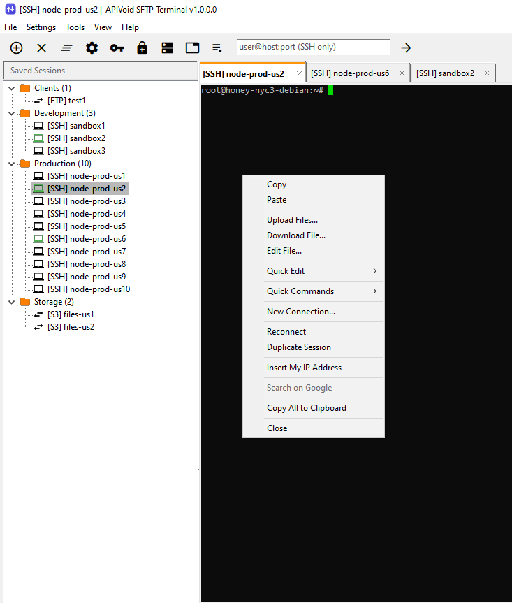APIVoid SFTP Terminal split view showing several interactive SSH terminals tiled in one window