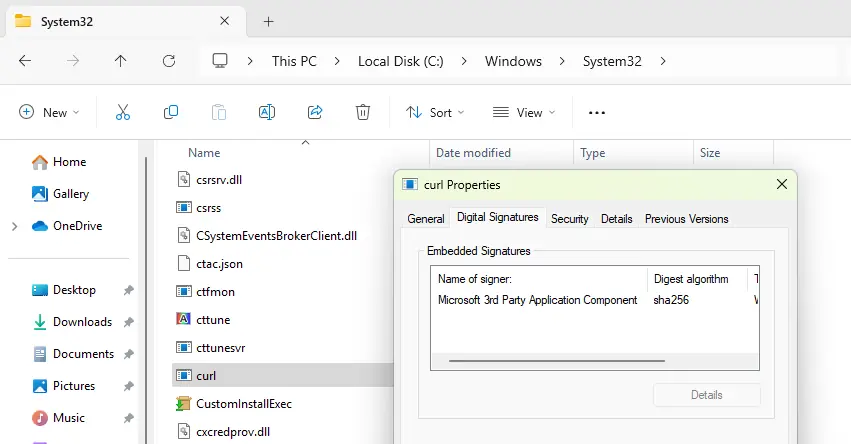 curl digital signature on Windows 11