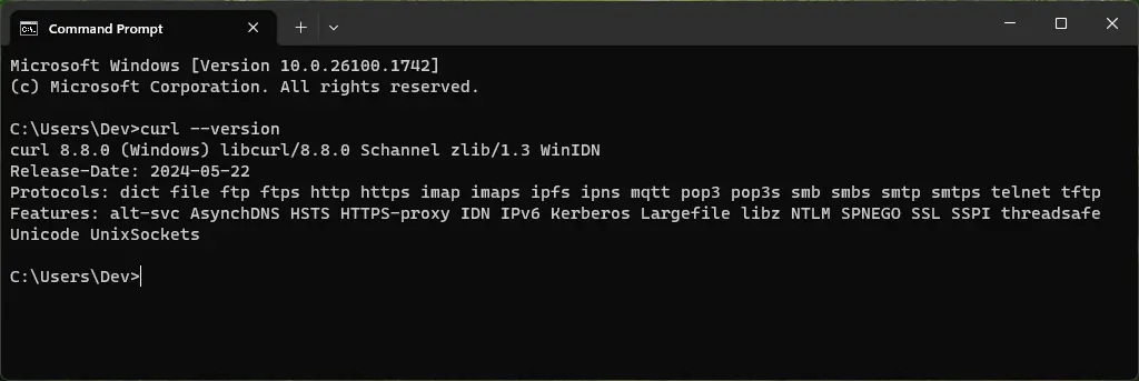 curl --version command output on Windows 11 OS
